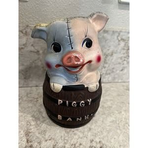 Vintage Japan Hand Painted Ceramic Pig In Barrel Colorful Piggy Bank With Plug